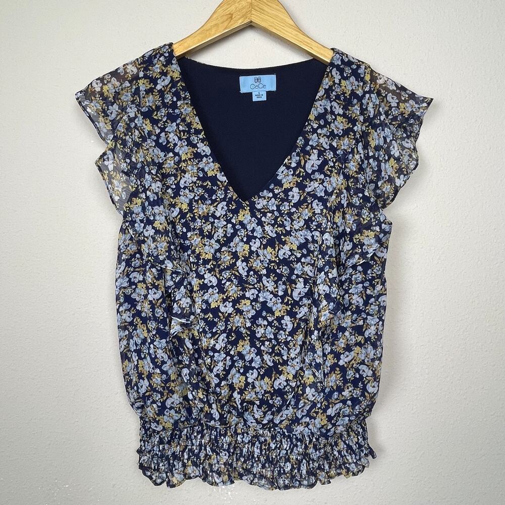 Cece Blue Floral Coquette‎ Cottagecore Blouse Smocked Hem Ruffle Sleeve Top Size